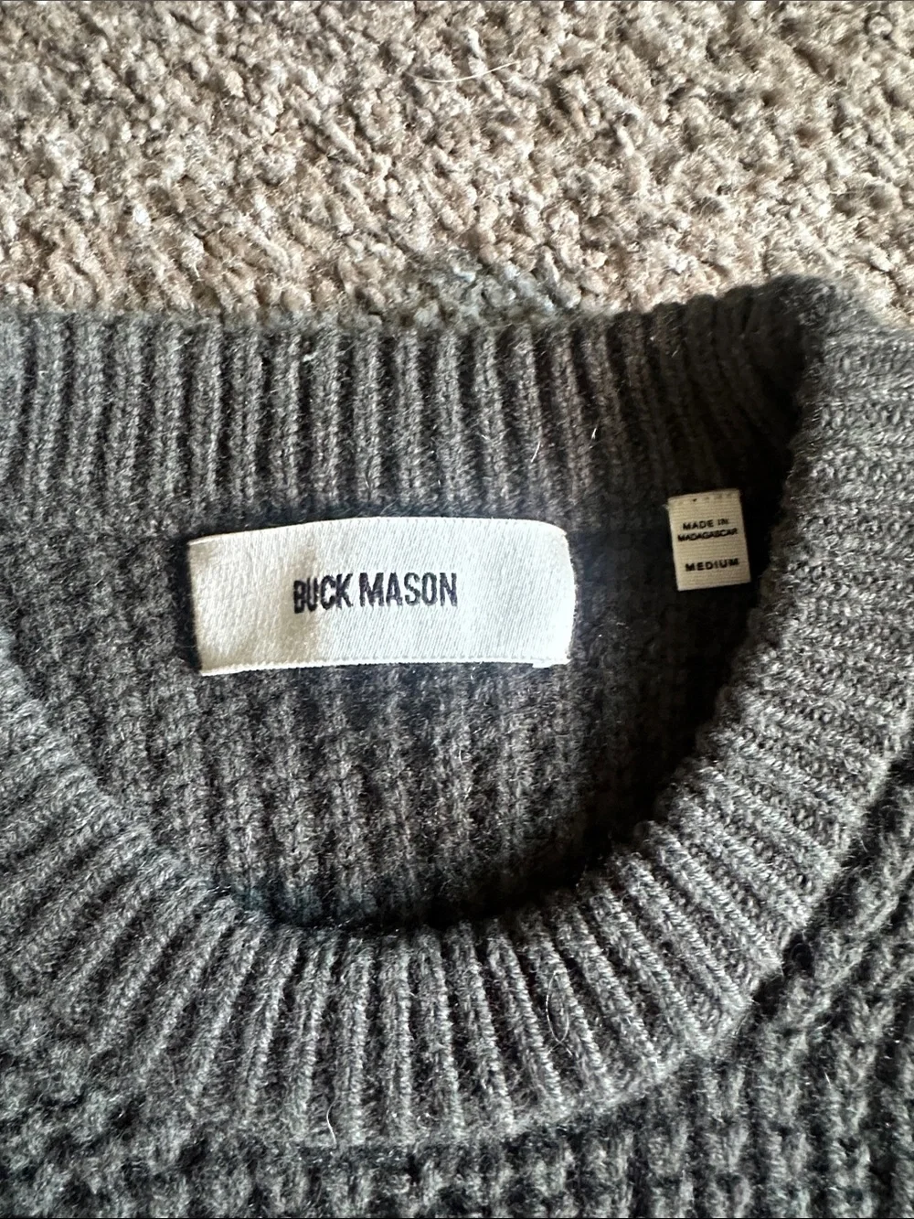 Buck Mason Dark Green Waffle Knit Wool/Cashmere Herdsman Crewneck Sweater - Picture 2 of 6